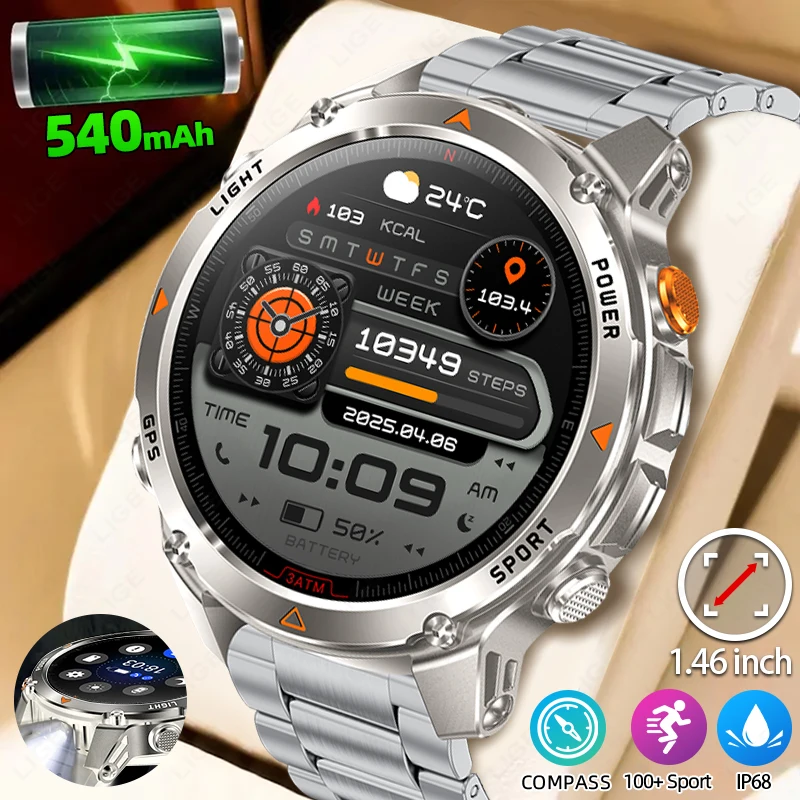 

LIGE Военный GPS-трекер Смарт-часы 1,46 дюйма HD Screem Встроенный 6-частотный спутниковый уличный водонепроницаемый спортивный умный браслет