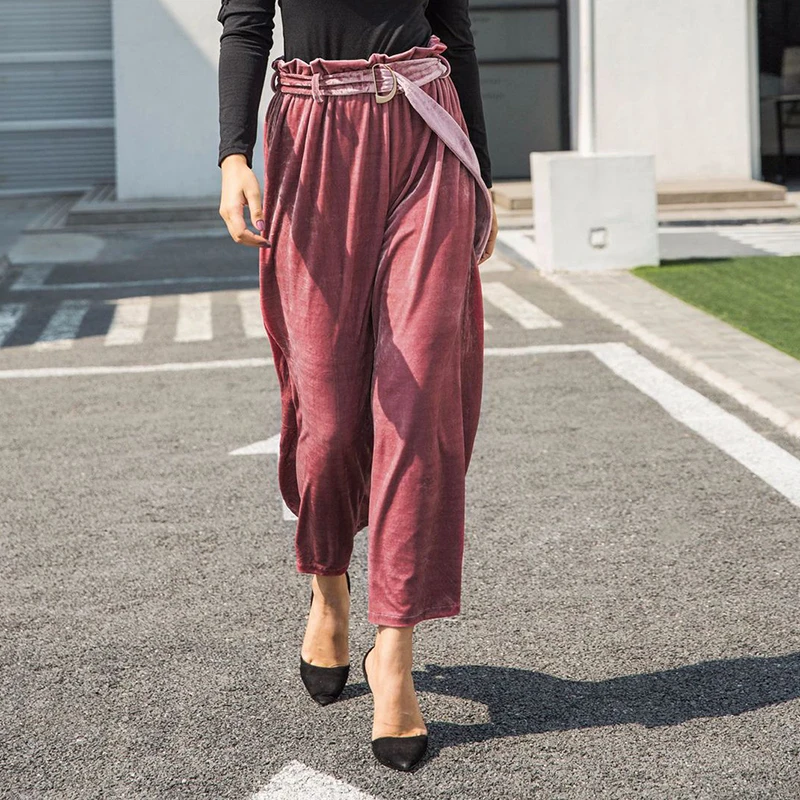 Bella Philosophy 2018 primavera terciopelo pierna ancha plisado pantalones sólidos mujeres Casual cintura alta moda Vintage largo
