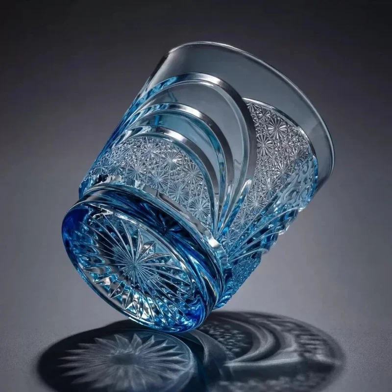 Sapphire Blue Edo Style Kiriko Whiskey Glass Riding Waves Hand Cut Crystal Glasses Crystal Colorful Whisky Cup Dropshipping