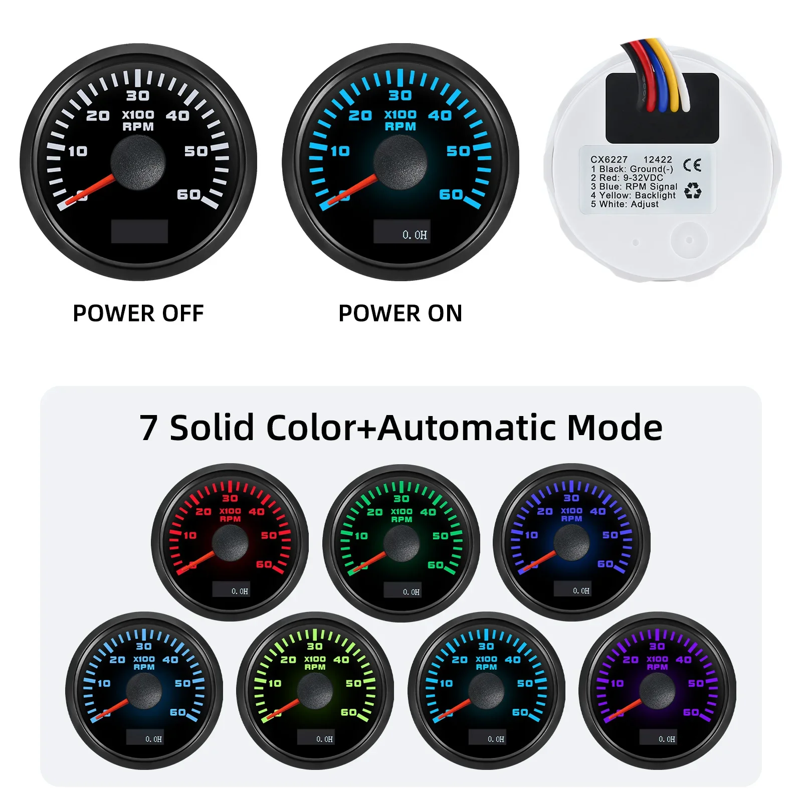 3000-8000rpm 52mm Tachometer 7 Colors Backlight 3K/4K/6K/7K/8K rpm Tacho Gauge Hour Meter for Gasoline Diesel Car Boat Yacht 12V