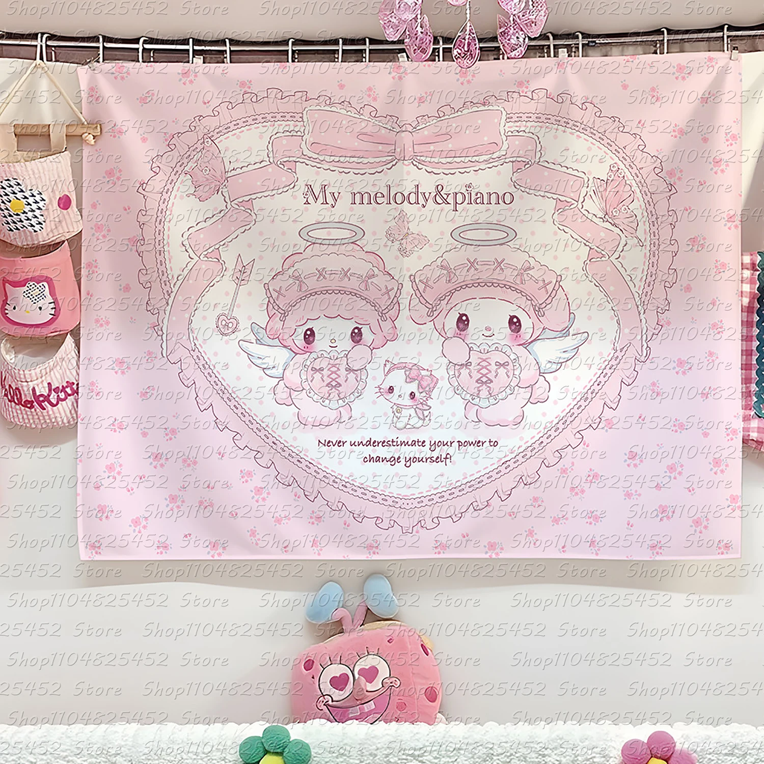 My Melody Klavier-Dessert-Shop Wandbehang für Mädchenzimmer, Schlafsaal, Mietwohnung, Wanddekoration, Hintergrund