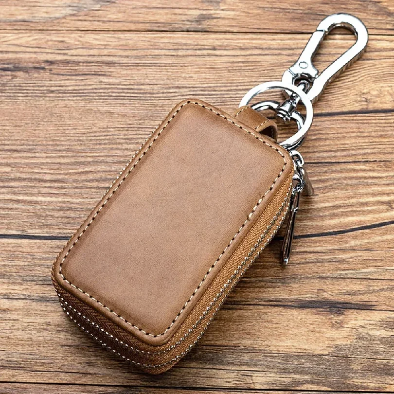 Genuine Cow Leather Home Car Keys' Bag Double Pocket Zipper Mini Wallet Earth Yellow Men Women's Key Holder Transparent Pocket 3