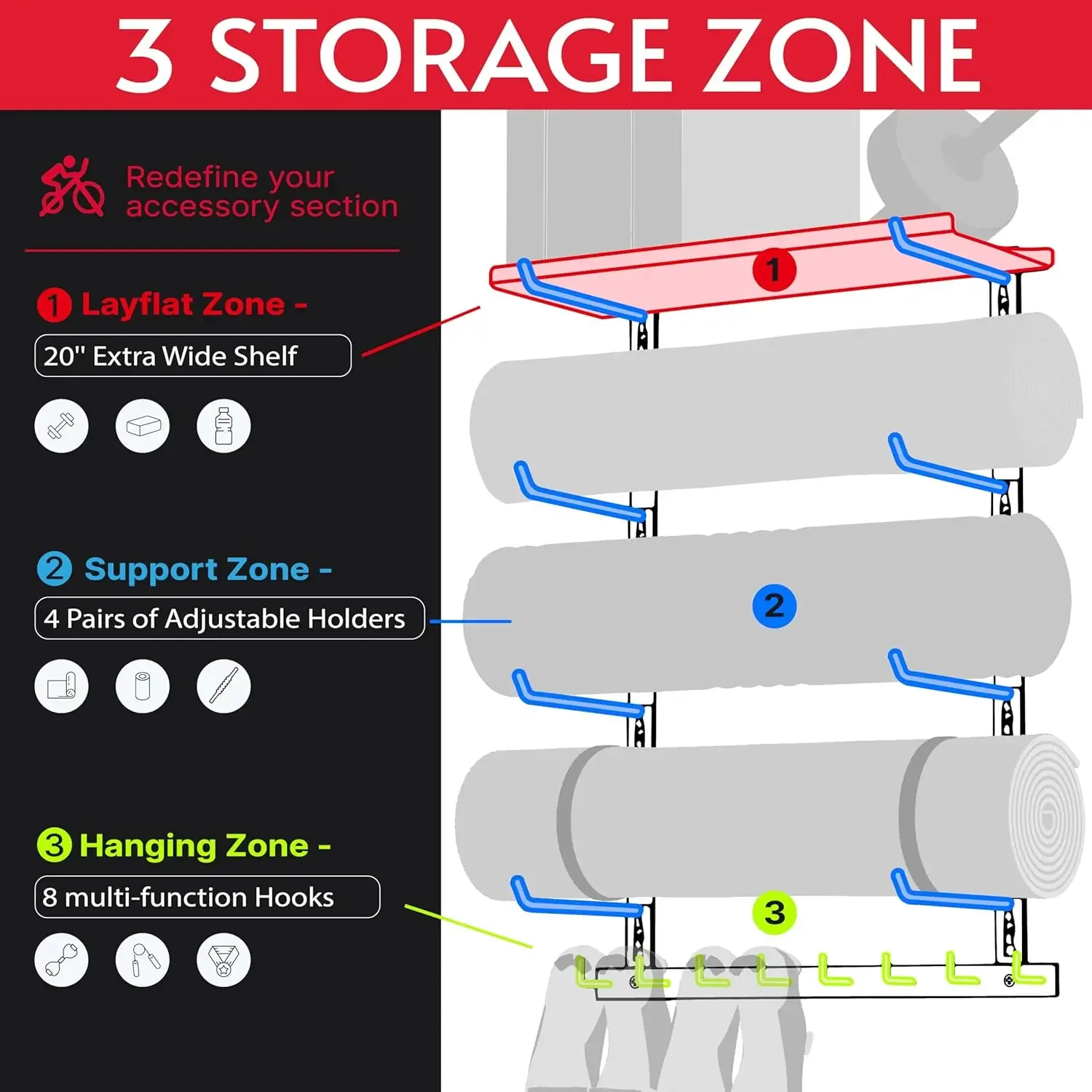 W_Home Gym Storage Shelf Only, Adjustable Gym Equipment Organizer Wall Mounted with 2 Boards, Yoga Mat Holder