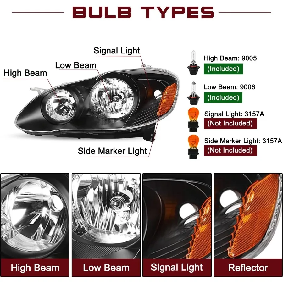 استبدال مجموعة المصابيح الأمامية لـ 20032008 كورولا كشافات الركاب وجانب السائق الأسود الإسكان العنبر عاكس مع انت #2