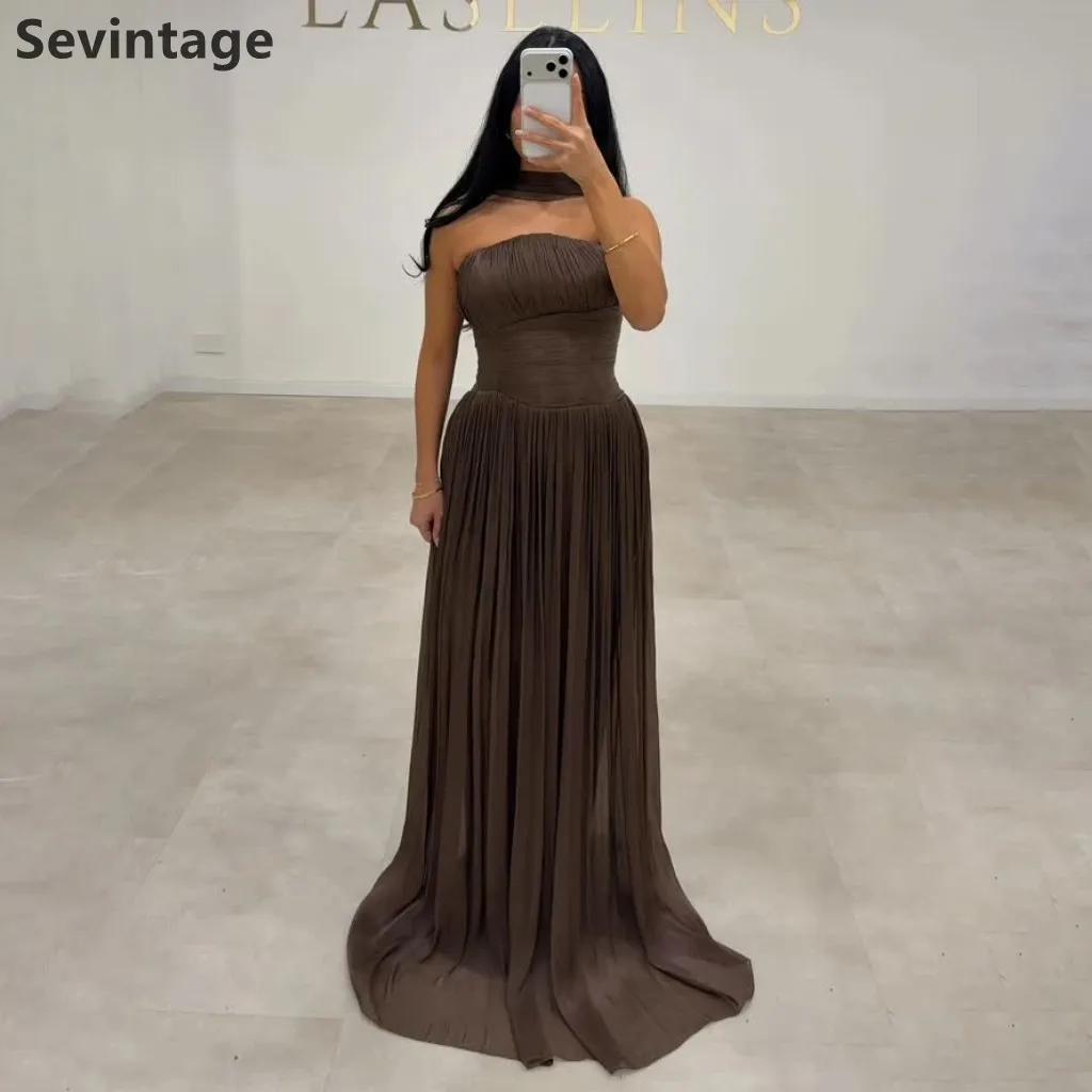 

Sevintage 2025 Brown Silk Maxi Evening Dress Wrap Pleated Strapless Formal Prom Dress Dubai Wedding Party Gown Customized