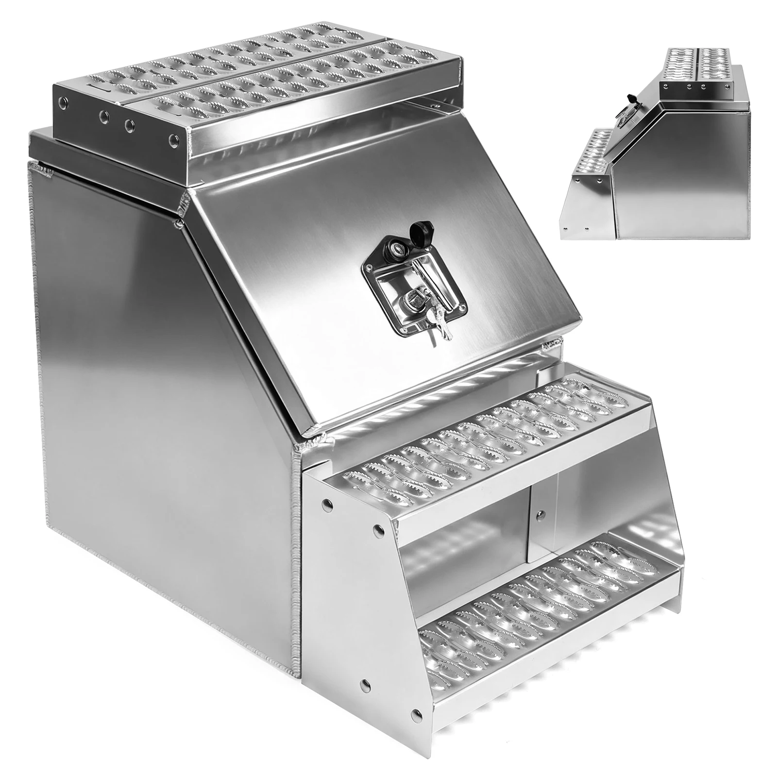

18in Aluminum Semi Truck Heavy Duty Weather Tight Step Tool Box with T-Handle Latch Lock Waterproof Truck Storage Organizer