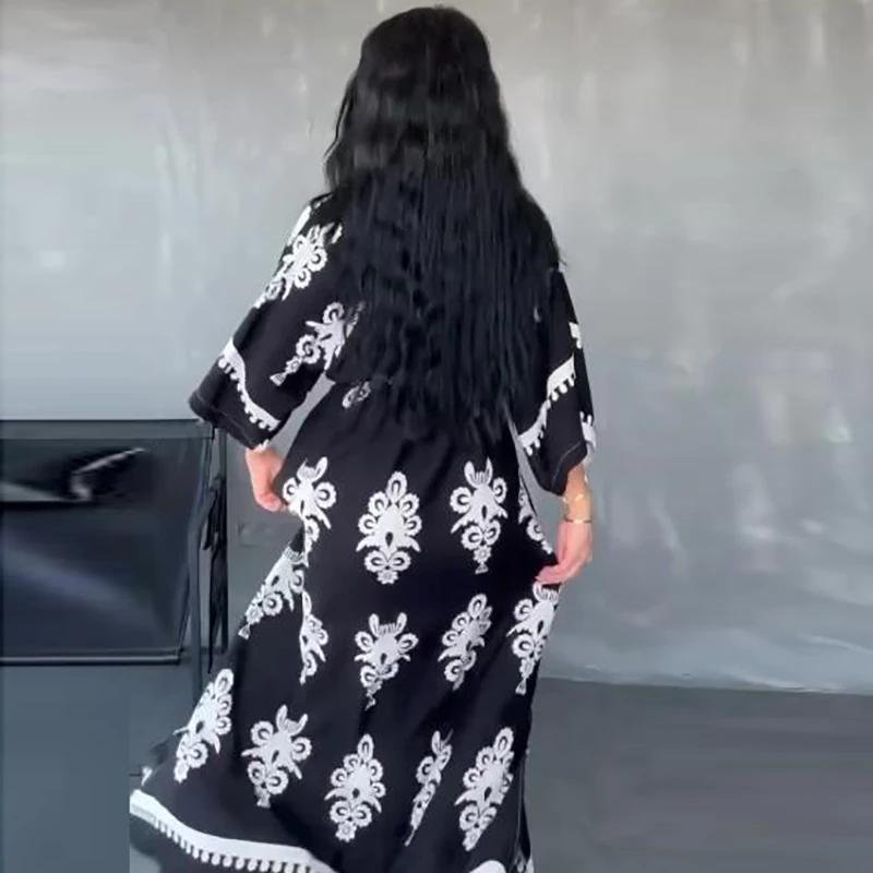 Vintage Dresses Woman Summer V Neck A-Line Long Dress Women Casual Printed Beach Holiday Dress Boho Party Dresses