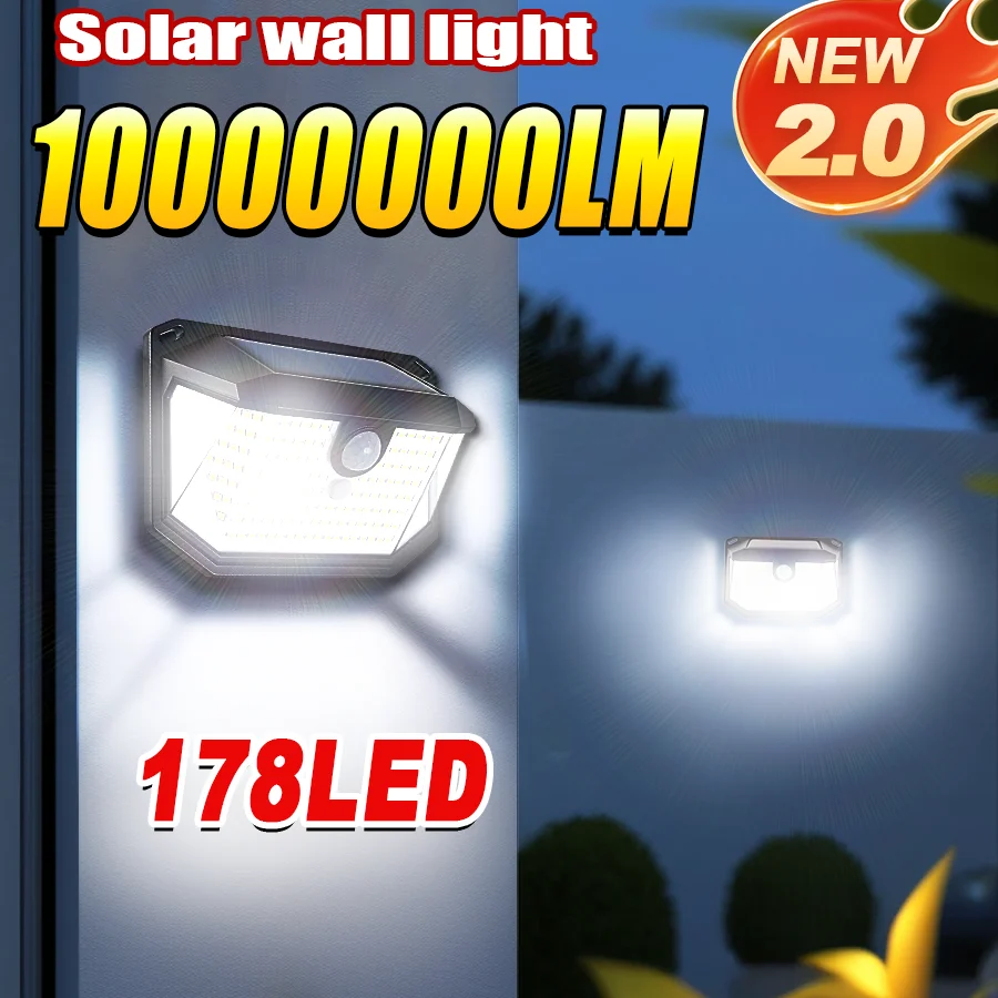 

178LED Solar Lights Outdoor Wall Lamp 3 Modes 270° Lighting Angle IP65 Waterproof Motion Sensor Patio Garden Door Street Light