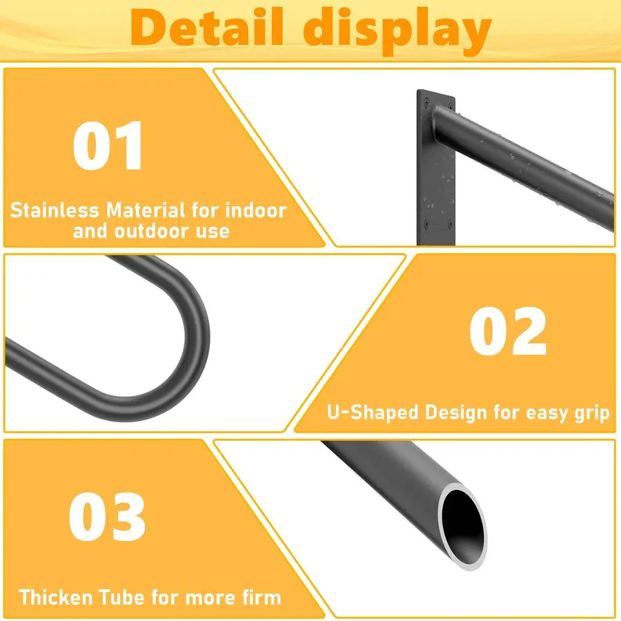Hand Rails for Outdoor Steps UShape Black Handrails for 13 Steps Wall Mount Stair Hand Railing 1.3 Pipe Grab Bars Stainless Stee
