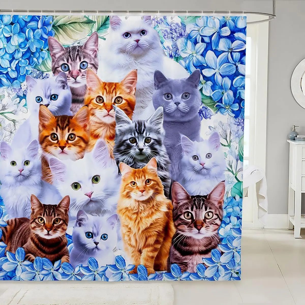 Cute Cat Collage Shower Curtain, Colorful Kitten Portrait Bath Decor, Blue Hydrangea Floral Art, Waterproof Polyester Fabric