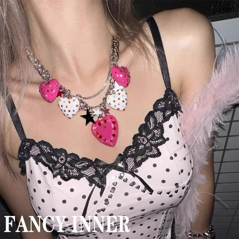 

2025 New Love Necklace Heart Pendant Metal Chain Rhinestones Star Trendy y2k Cute Neck Accessories for Women Men Jewelry