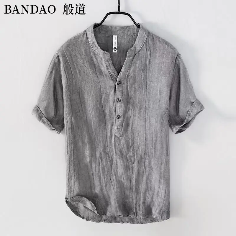 Chinese Style Spring and Summer Loose High-end Men's Linen Short-sleeved Cotton Linen Casual Breathable Shirt Collar T-shirt