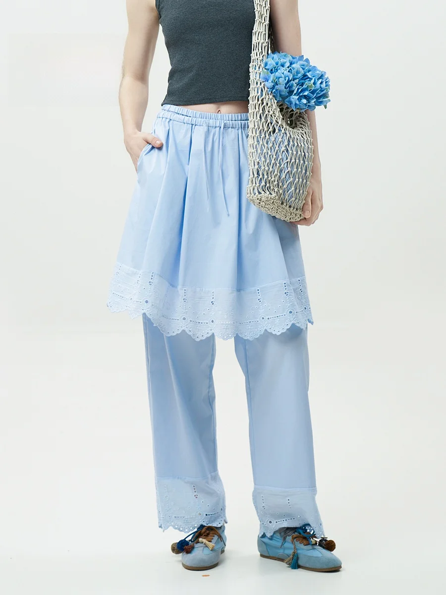 

Роскошная юбка-брюки Aha Love: двойное использование, вышивка, кружевная отделка, съемные брюки-накладки, прямой крой из хлопка, эластичный пояс...