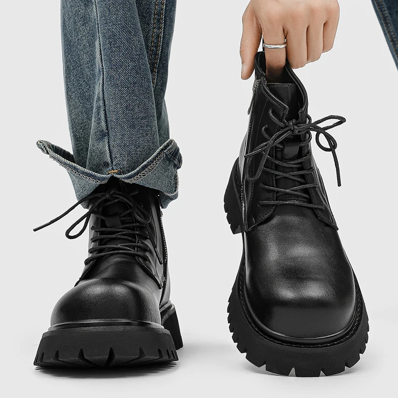 

TThick Soled Autumn and Winter Men Height Increasing Boots with Side Zippers Simple Fashionable Non Slip Motorcycle Short Boots