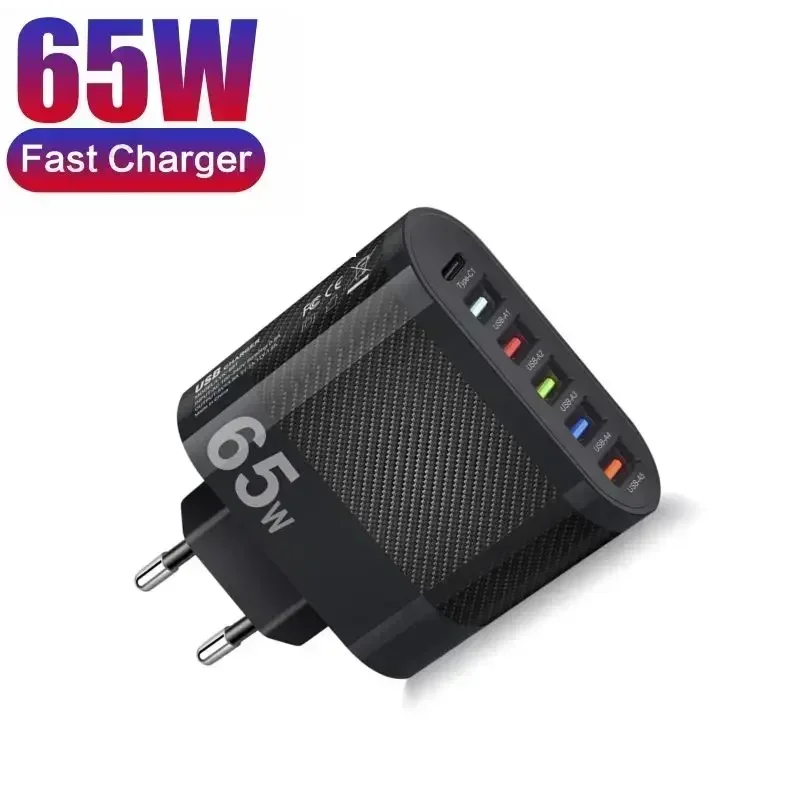 65W Phone Fast Charger 6 Ports USB Type-C 5V/3.5A  EU/US Plug Lightweight Home Travel Charging Head for iPhone 14 13 12 Huawei