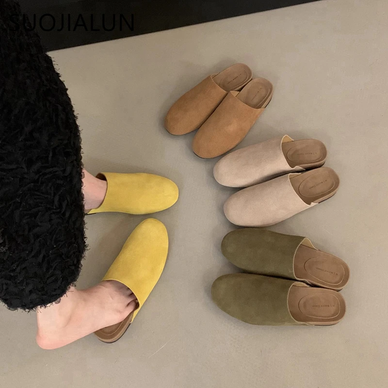 

SUOJIALUN 2025 Autumn Women Flat Slipper Fashion Round Toe Slip On Mules Shoes Soft Flat Heel Outdoor Casual Slides Sandal Shoes