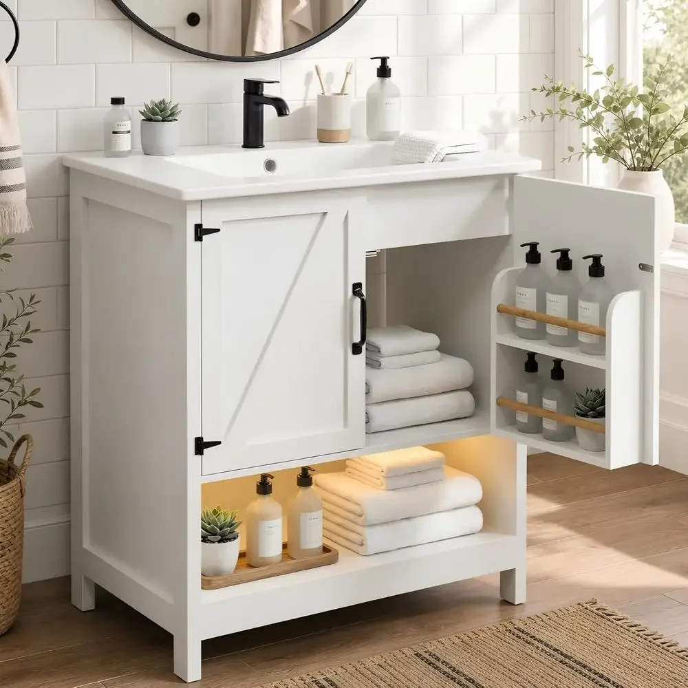 30 Inch White Bathroom Vanity with Sink, Drawers, Open Shelf, and LED Lighting