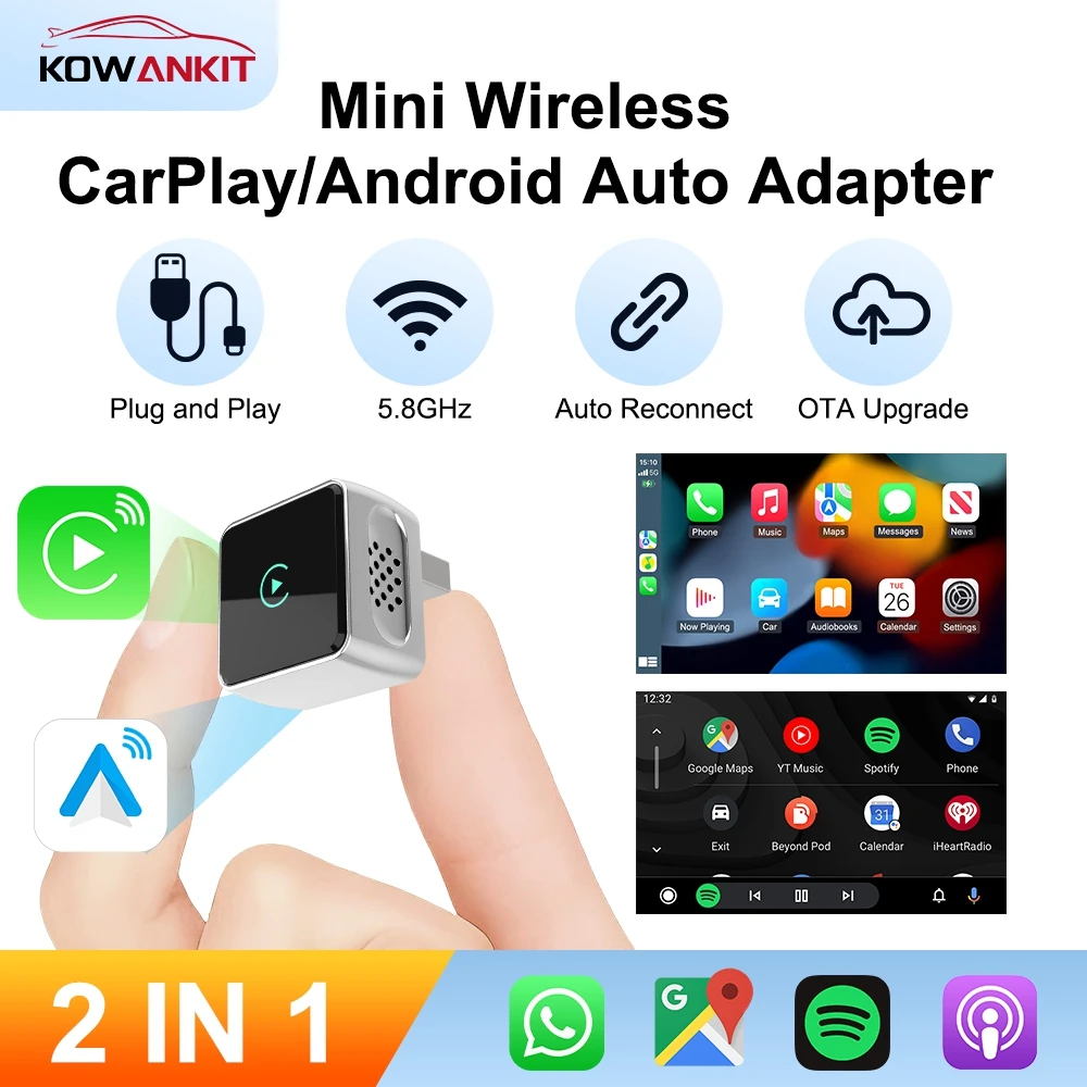 

Wireless CarPlay Android Auto Adapter Universal Car Smart AI Mini Box 2in1 Plug & Play USB Dongle KowanKit 2025 New