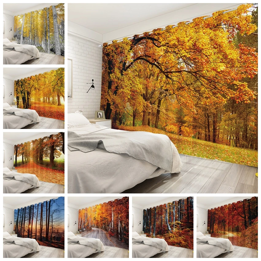 Autumn Forest Blackout Curtains Modern Fall Woodland Scenery 2 Panels Window Curtain for Bedroom Living Room Darkening Drapes ﻿