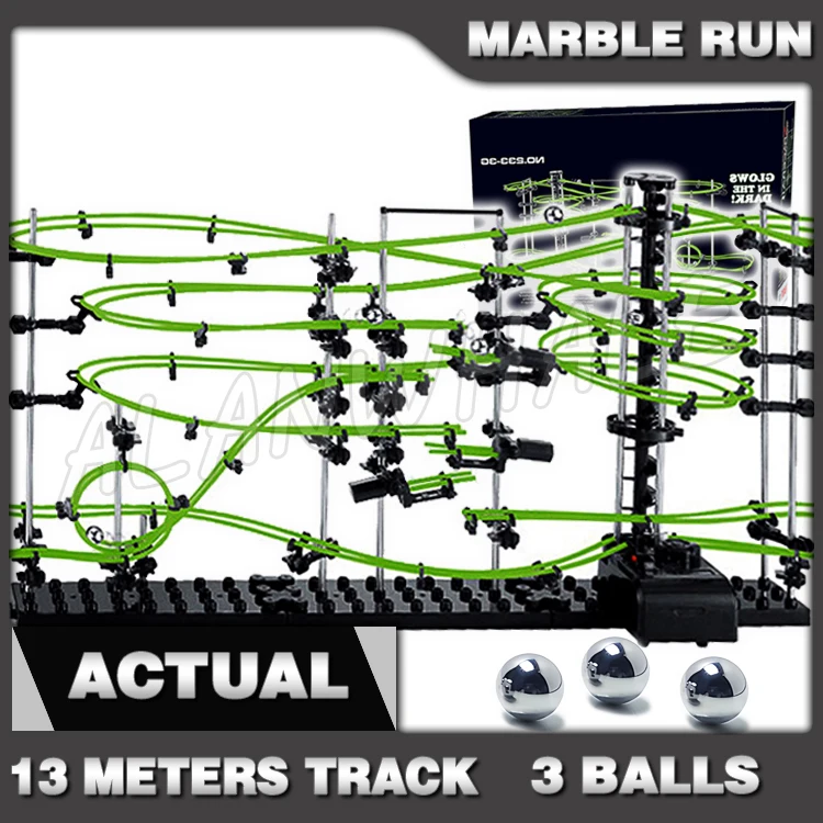 1350cm Rail Level 3 Marble Run Night Luminous Glow In The Dark Roller Coaster Model Building Boy toy Maze Rolling ball Sculpture