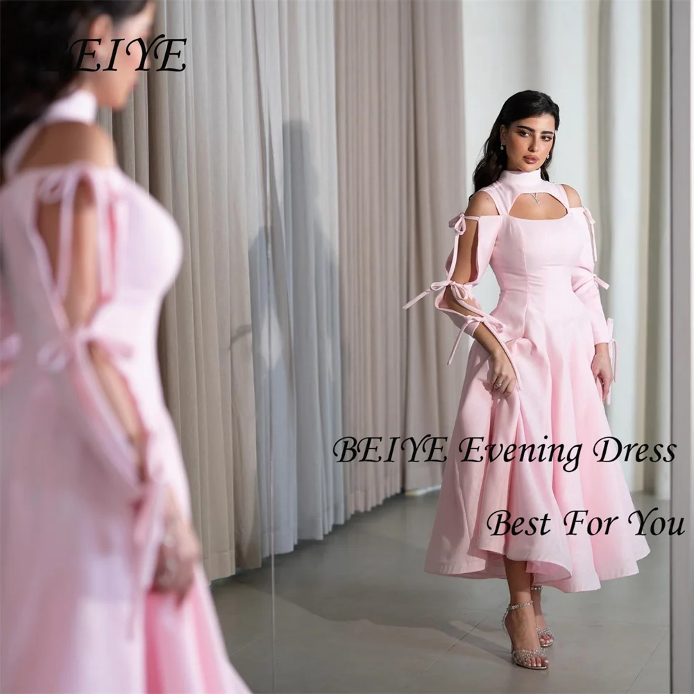 BEIYE Prinzessin Rosa Satin A-Linie Abendkleid Schleifen Lange Ärmel Stehkragen Tee-Länge Abendkleid Formelles Partykleid Maßgeschneidert