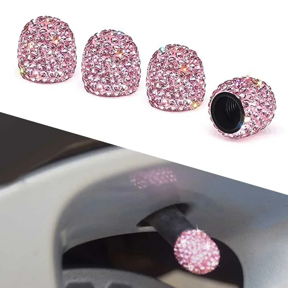 4pcs Universal Car Tire Air Sealing Cap Anti-Rust Dust-Proof Valve Cap Clay + Rhinestone Pink Tire Valve Stem Caps Sparkling