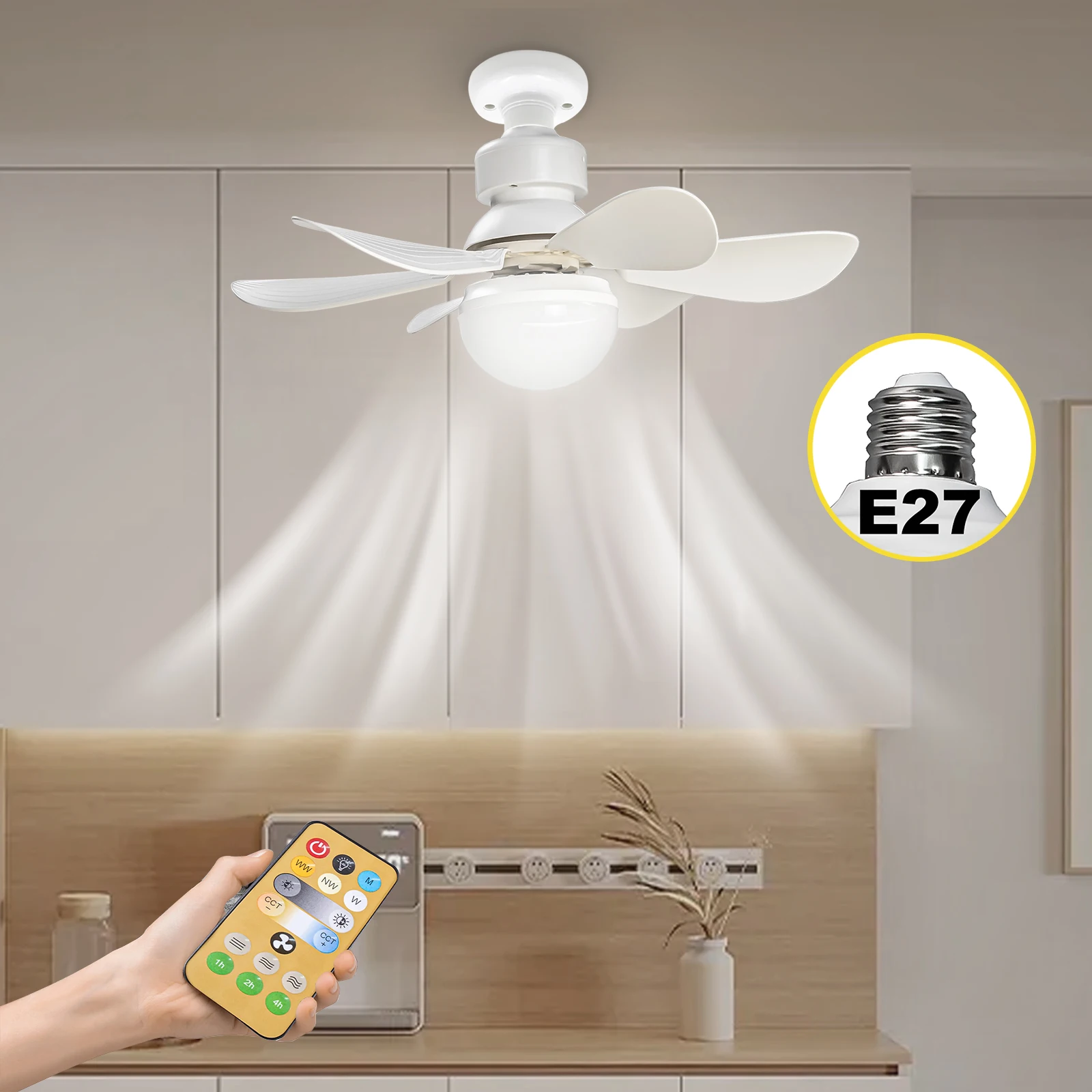 Inteligente LED Luz Ventilador de teto, mudo, elétrico, baixo perfil, controle remoto, design moderno, E27