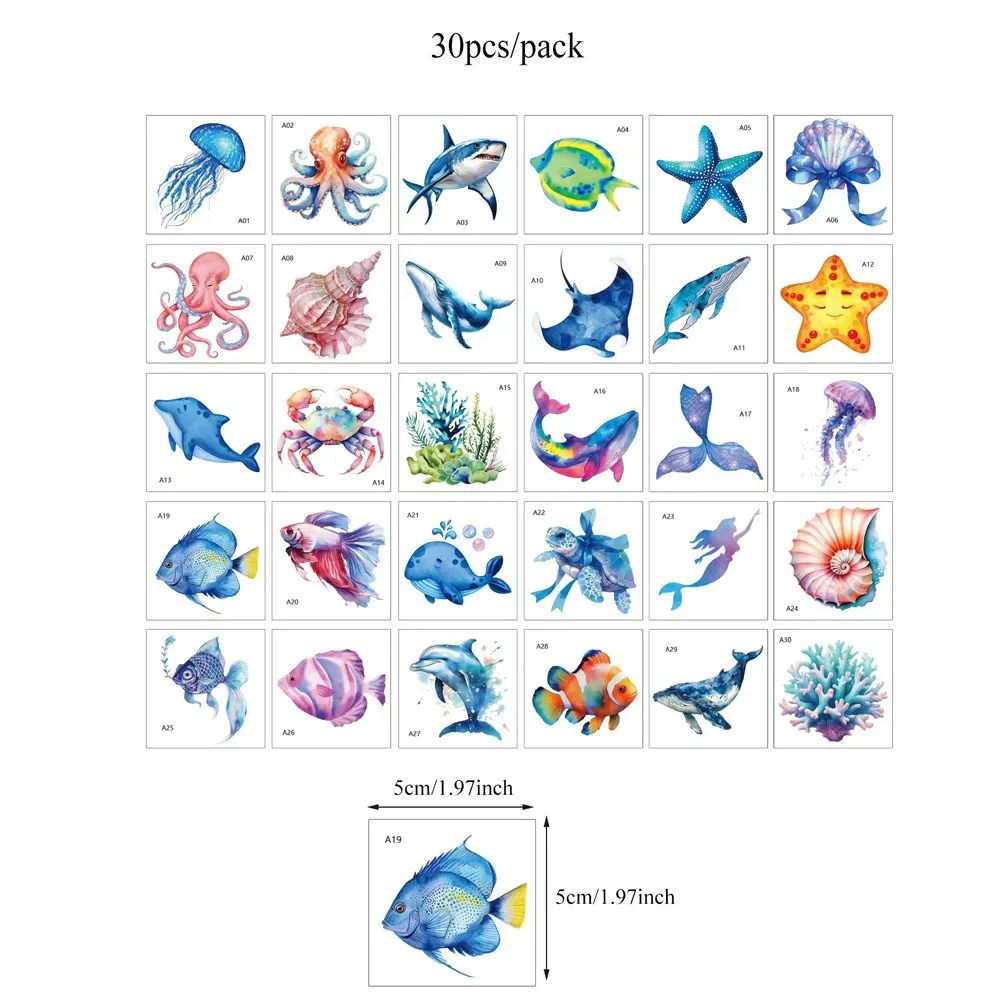 30 قطعة ملصقات الوشم مقاوم للماء لليد الأخطبوط قنديل البحر الحوت القرش المحيط موضوع الوشم المؤقت هيئة الفن لطيف وهمية الوشم