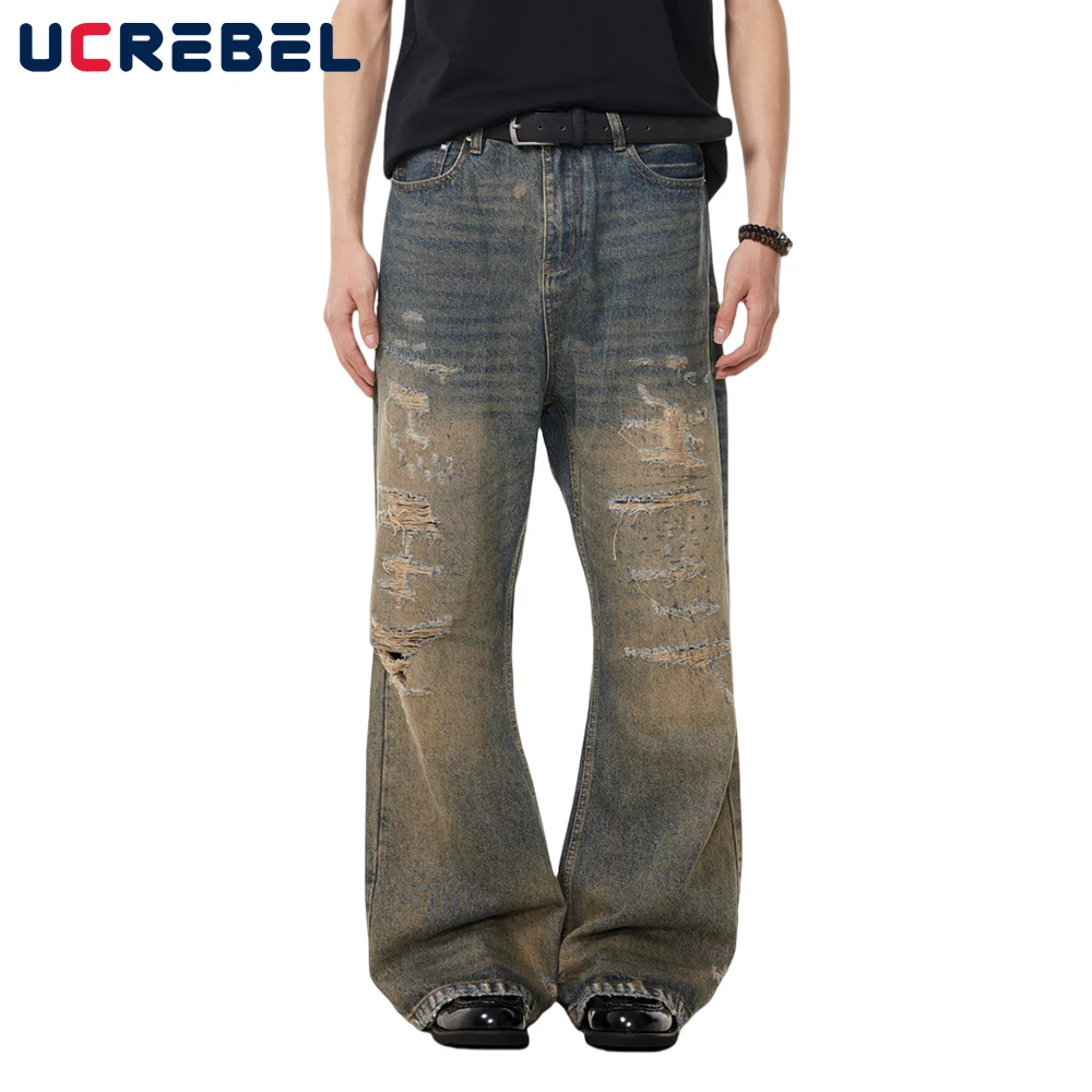 

Ripped Jeans Mens Retro High Street Washed Distressed Straight Baggy Wide Leg Beggar Denim Pants Men