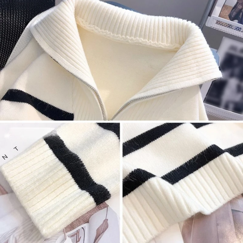 Sweater Pullover Women Spring and Autumn Underwear Zipper Stripe Short Style Premium Sweater for Female