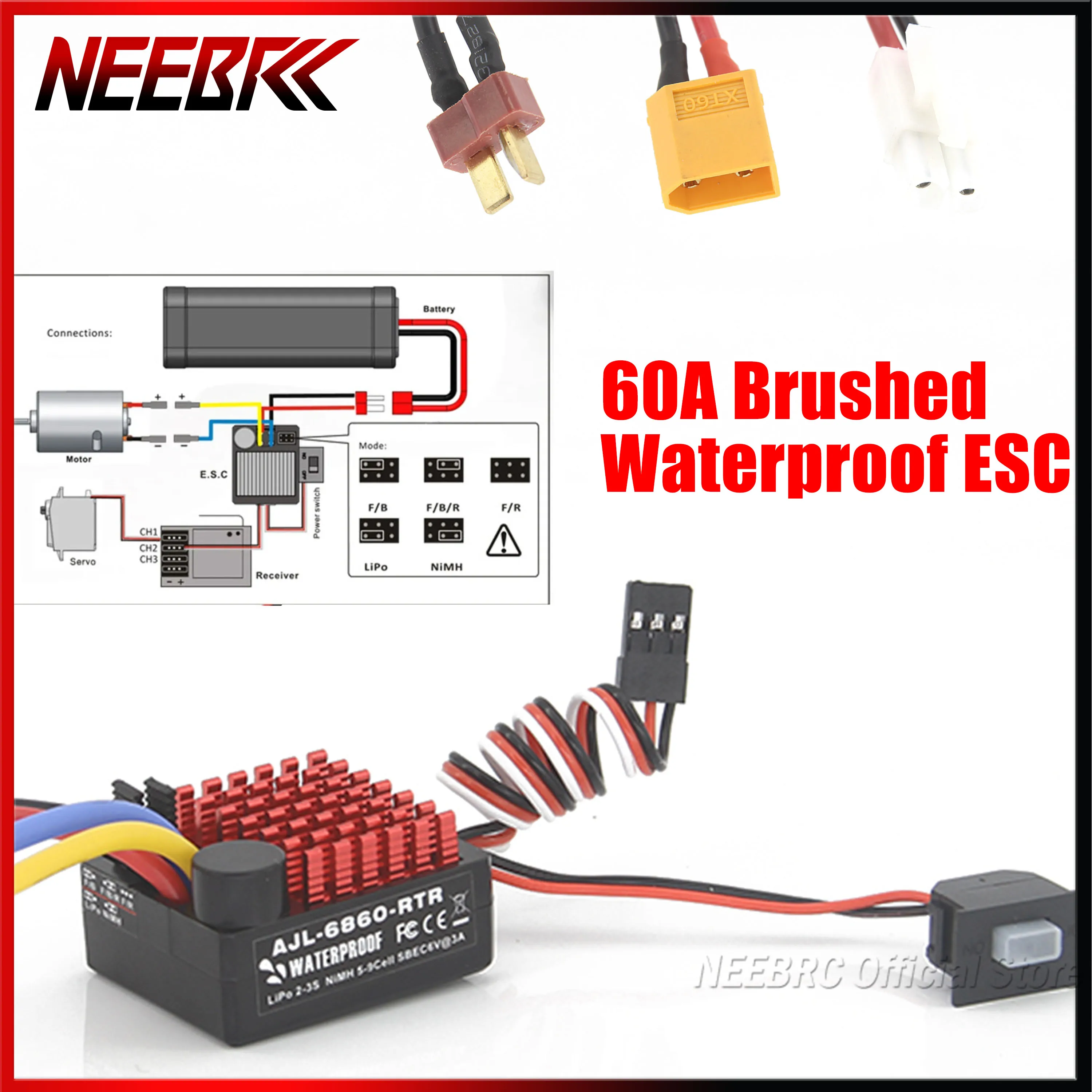

NEEBRC 60A Waterproof Brushed ESC Built-in 3 Modes T/XT60/Tamiya 6V/3A BEC 2-3S for RC Car Crawler Boat Tank 540/550/750 Motors