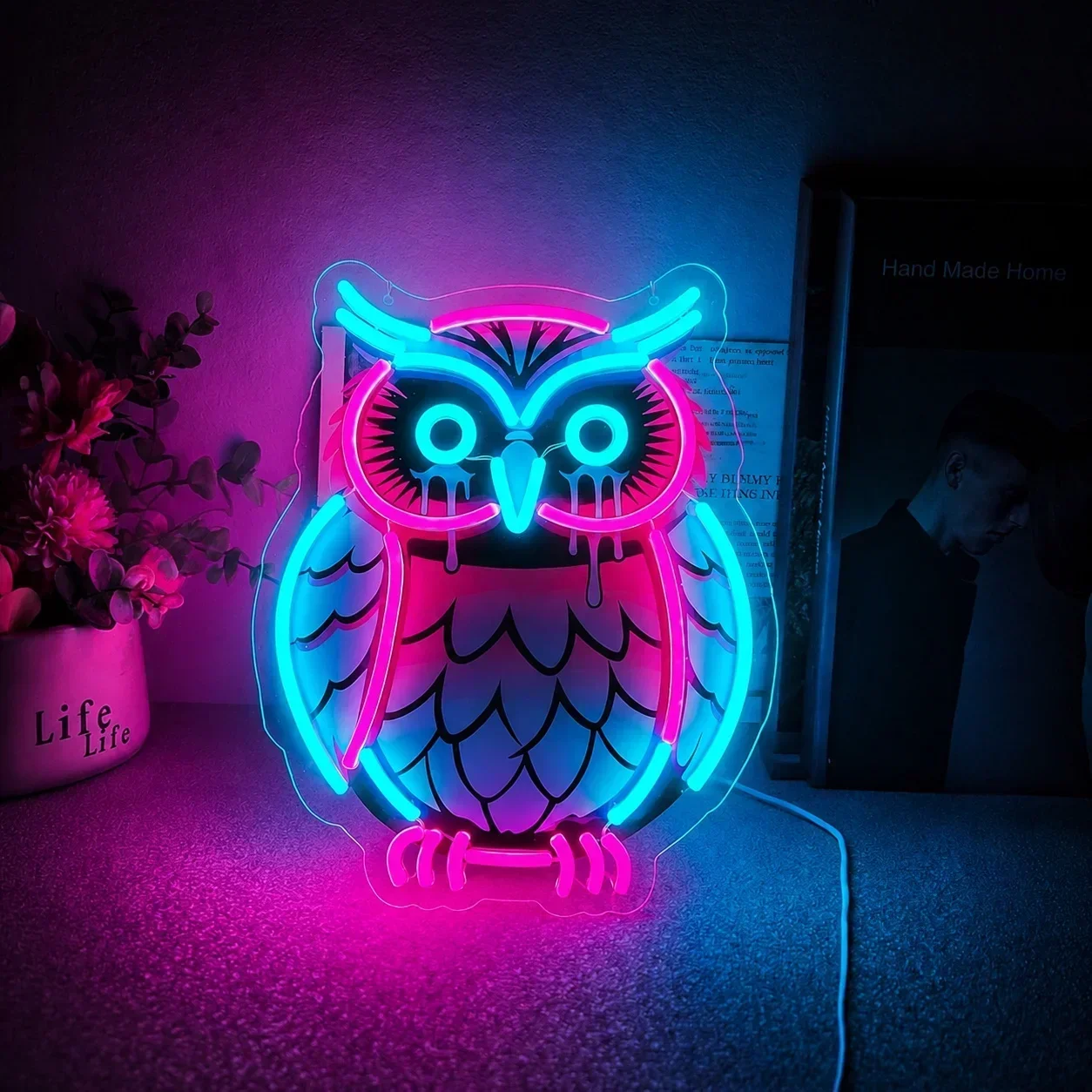 Owl Neon Sign Pink Blue LED Wall Art Acrylic USB Powered Dimmable Light Cute Animal Decor for Bedroom Home Party Kids Room