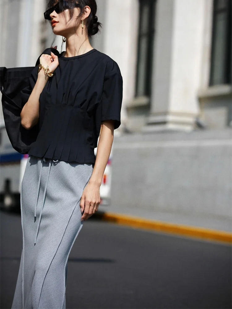 

FANNIU Spring Summer Pure Color Camere Pleated Waist ort Sve T-irt Bermuda Wide Leg Pants Breathable Lightweight Fas...