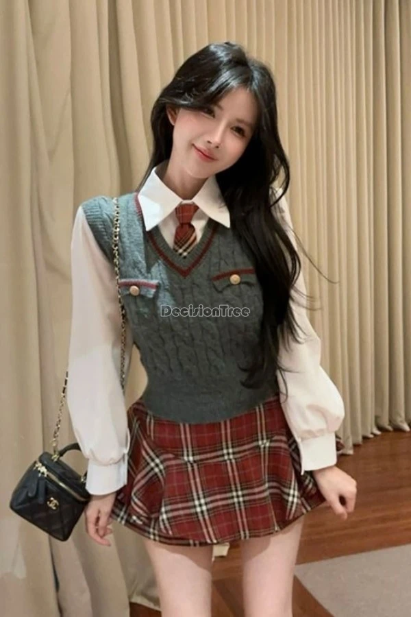 2025 migliorato stile scolastico coreano donna jk uniforme camicia a maniche lunghe maglione gilet gonna gonfia a quadri set jk moda in tre pezzi