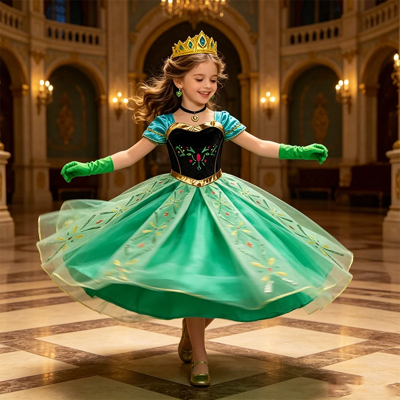 Vestido de princesa Anna de Frozen de Disney para niñas, disfraz de Halloween, carnaval, cumpleaños, actuación en el escenario de Disneyland, vestido elegante