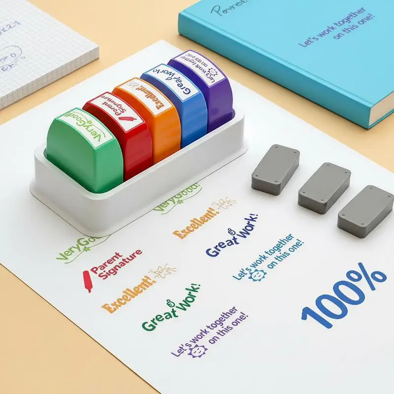 @*Self Inking Teacher Grading Stamps 5 Pcs Short Encouraging Phrases for Classroom Primary School Use