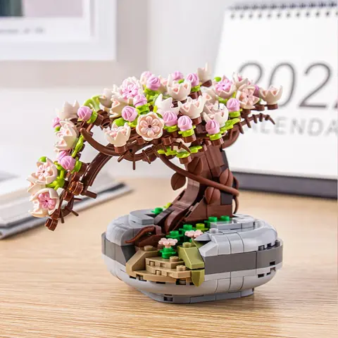 Mini Plant Bonsai Building Block Flower Plant Cherry Blossom Tree Potted Bouquet Model Bricks Home Decoration Toy Teenager Gifts