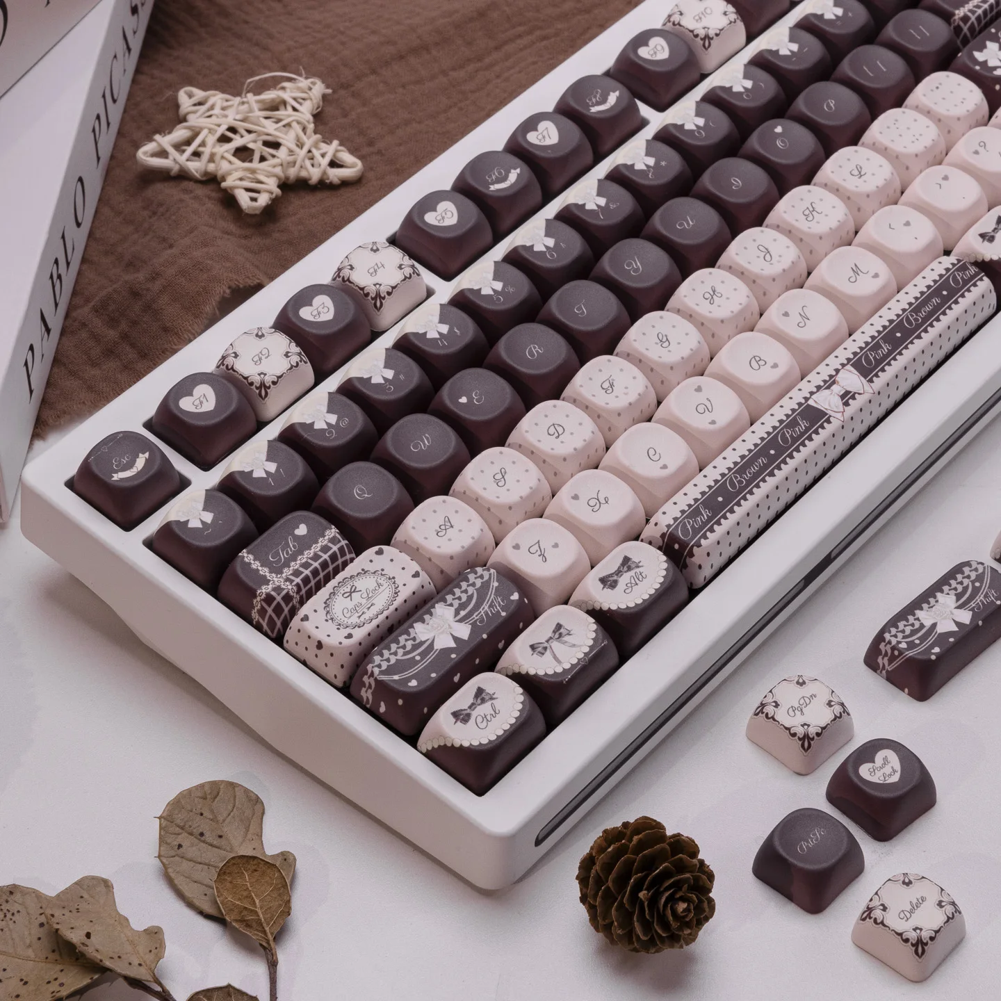 130 Keys Warm Cocoa Five Sides Dye Sublimation PBT Keycaps Cute Ribbon Keycap MOA Profile for MX Switches Mechanical Keyboard