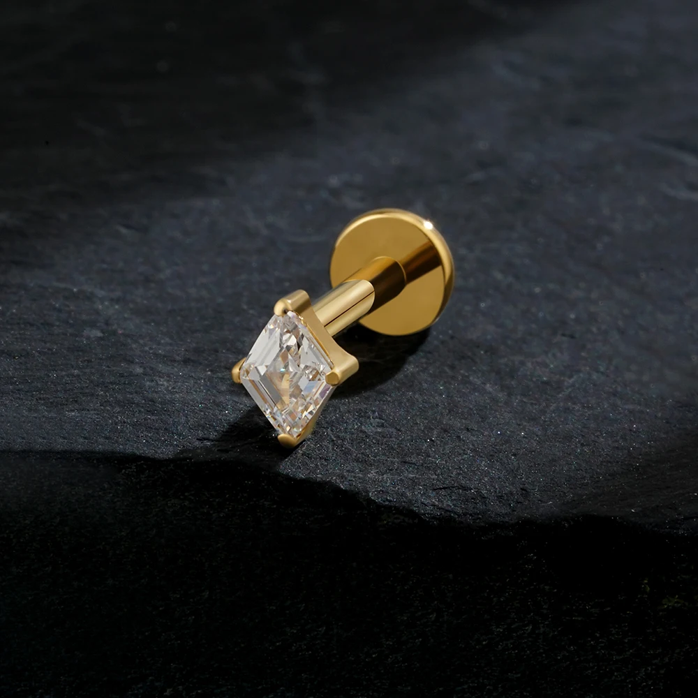 Right Grand ASTM F136 Titanium Rhombus CZ Internally Threaded Labret Stud 16G Flat Back Earring Cartilage Tragus Helix Nose Stud Medusa Piercing Jewelry