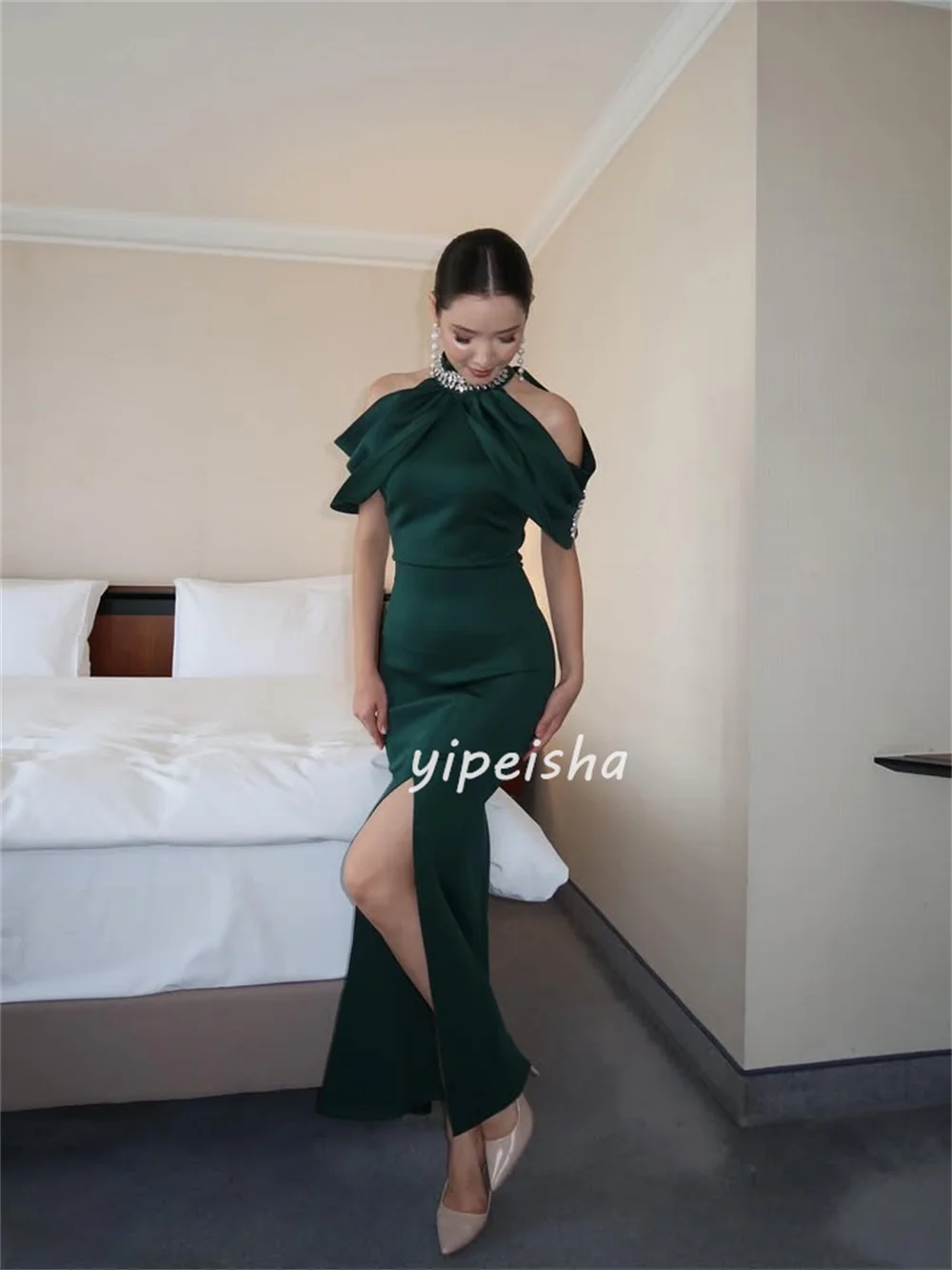 Customized High Quality Classic Charmeuse Rhinestone Pleat Mermaid High Collar Ankle Length Dresses Bespoke Occasion Dresses