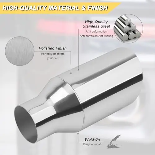 

Stainless Steel Weld-On Exhaust Tip 2.5 Inch Inlet 4 Inch Outlet 9 Inch Length Polished Slant Cut Tailpipe Silver Finish 2 Pack