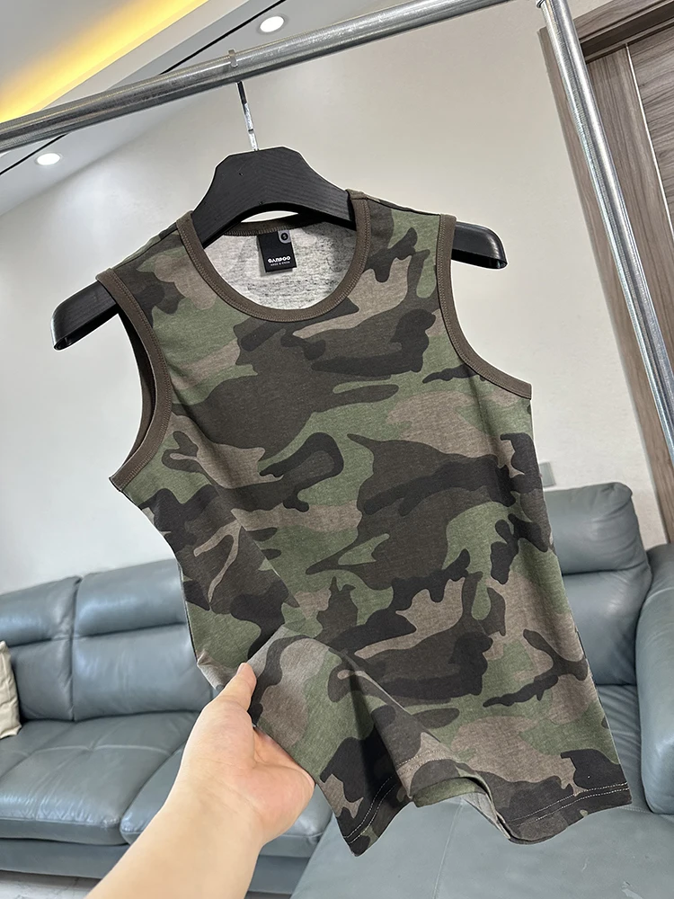 Men's Summer Camouflage Sleeveless Vest Military Style Short Sleeve Tagless Trendy Cotton Sweat Absorbent round Neck Top