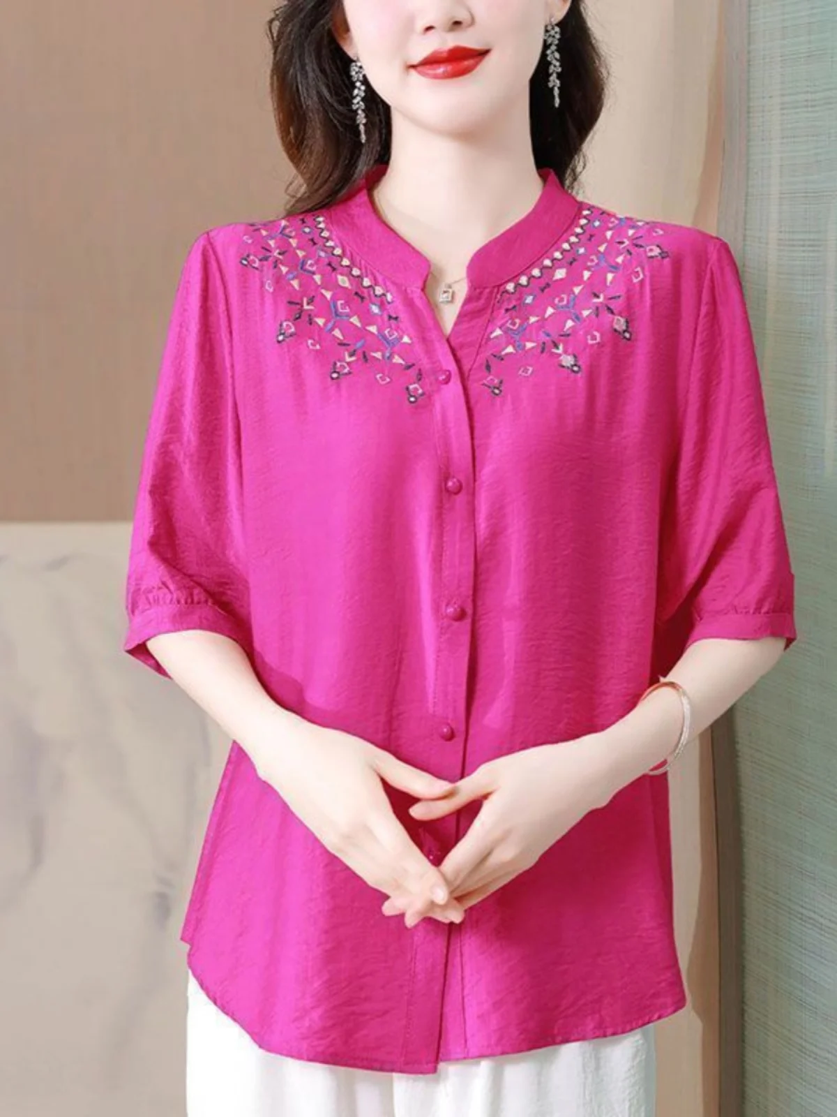 Ladies' Cotton Linen Shirt Summer New Style 2025 Loose Fit Short Sleeve Embroidered Stand Collar Fashionable Maternity Top