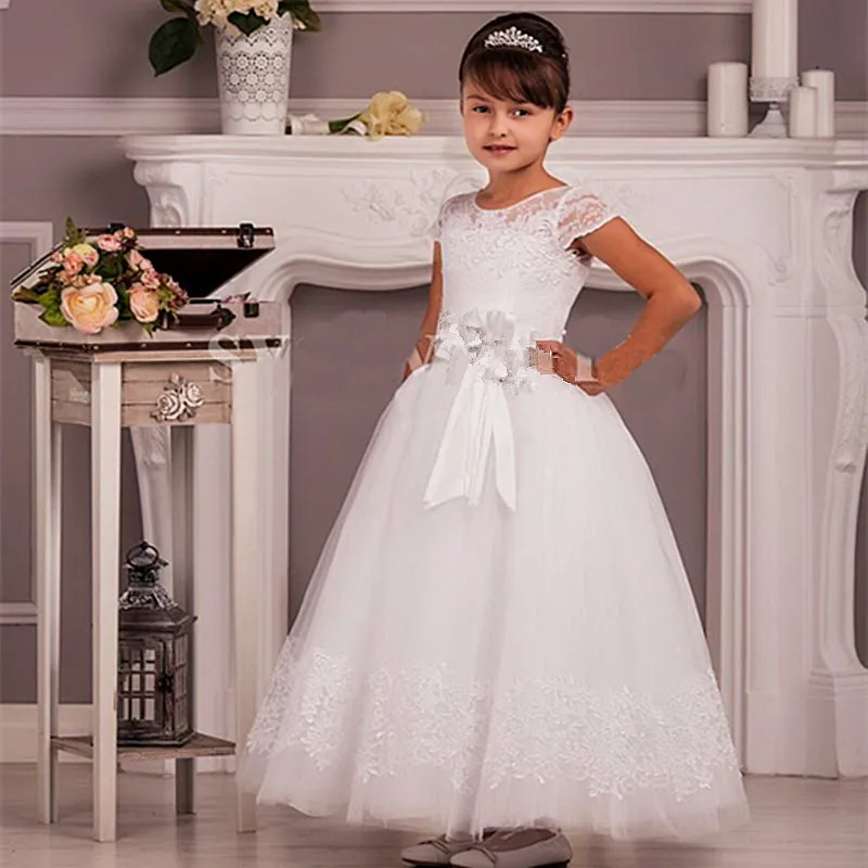 Flower Girls Dress Beading Waistband Bow Applique Tulle Princess Prom Party Formal Birthday First Communion Gowns