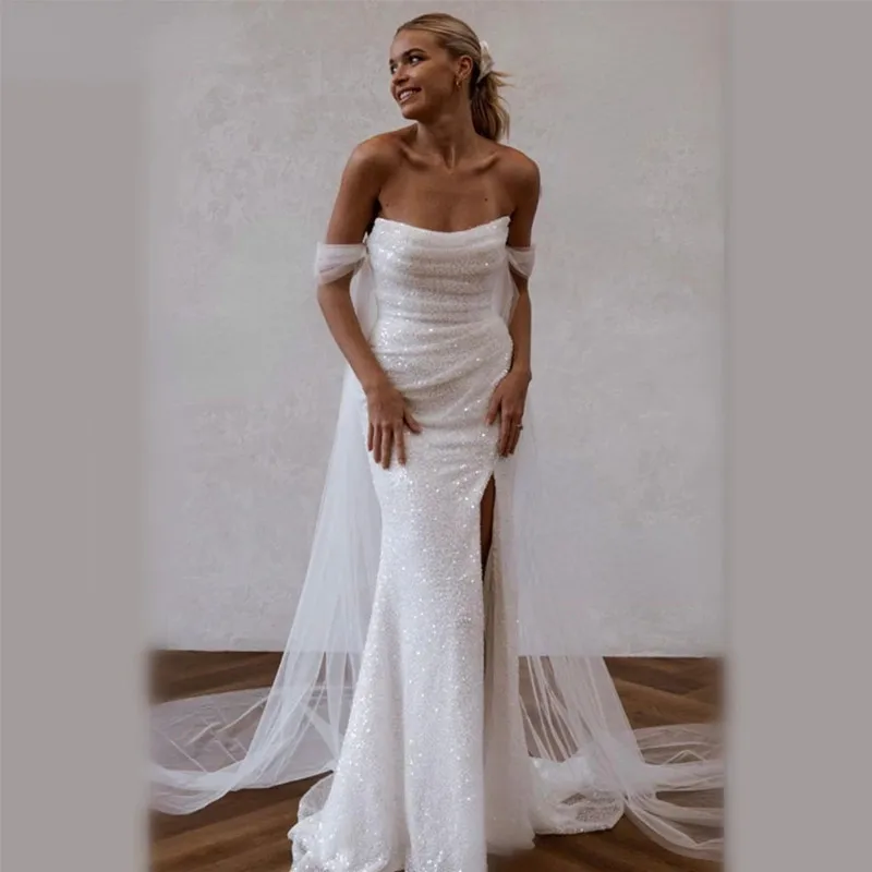 Vestido de novia blanco de tul de sirena sin tirantes, traje Formal con pliegues y cuentas brillantes, hombros descubiertos, Espalda descubierta, 2024