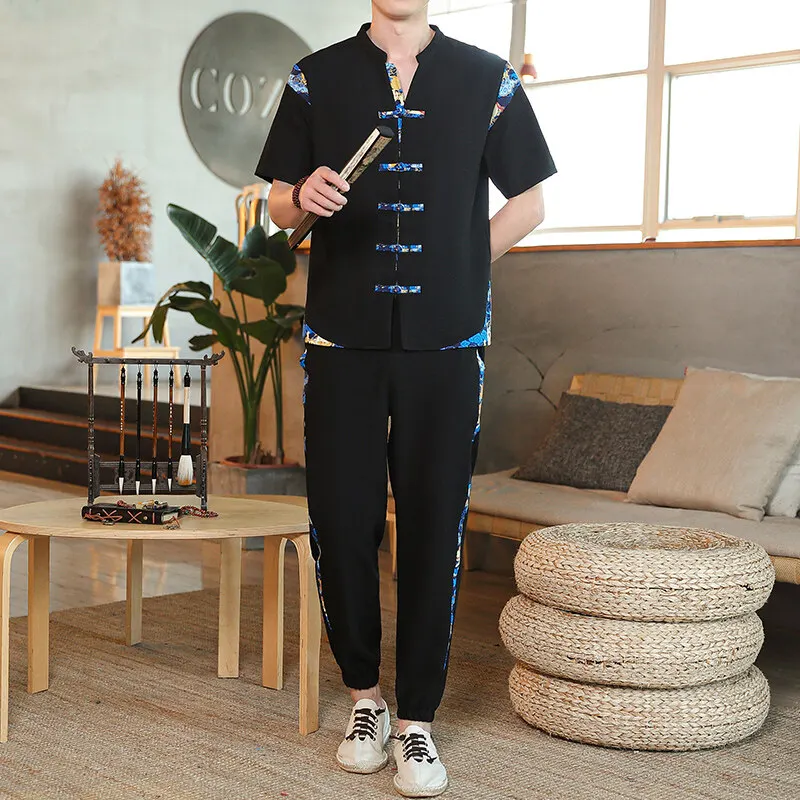 100% Cotton linen Sportswear Men's Fashion Two-piece set Chinese style Shirts + Pants summer  spring Male Casual Sets trousers