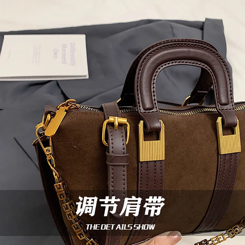 Burgundy Frosted Tote Bag Autumn And Winter New Imitation Suede Women's Shoulder Bag Chain Decoration Handbag Crossbody Bag