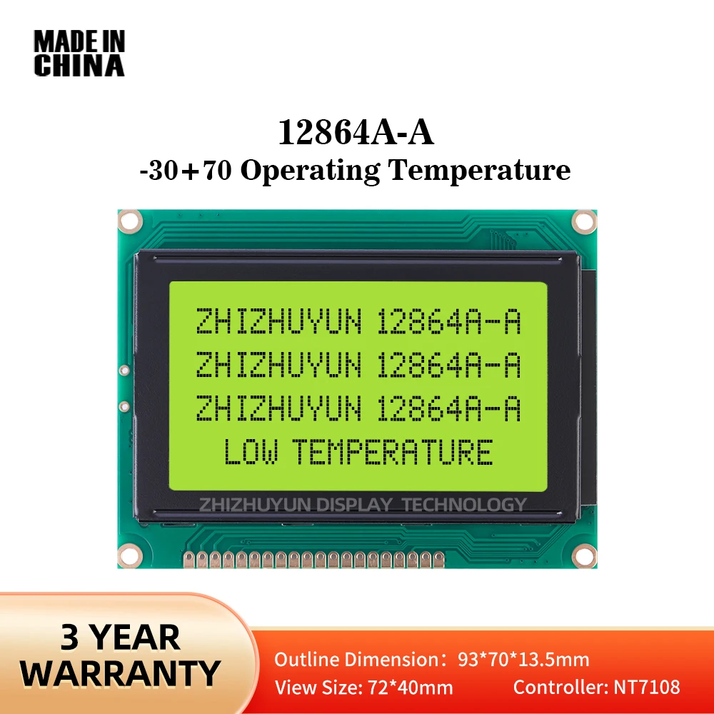 

12864A-A -30+70 Operating Temperature Graphic LCD Display Yellow Green Backlight Module 128*64 12864 128X6 NT7108 Controller