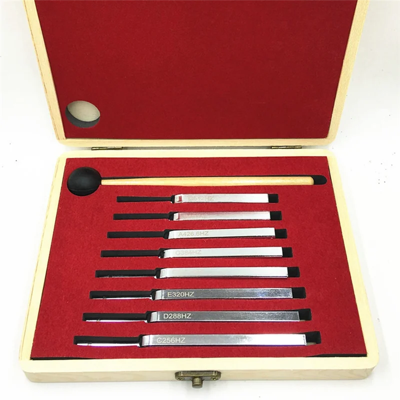 Juego de horquilla de afinación de acero, herramientas de terapia de vibración de mazo, 256-512HZ, 8 paquetes