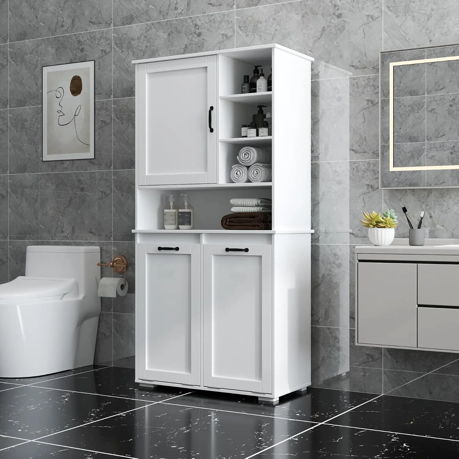 63'' Double Tilt Out Laundry Hamper Cabinet, Tall Bathroom Storage Cabinet with Tilt Out Laundry Basket,, Customized